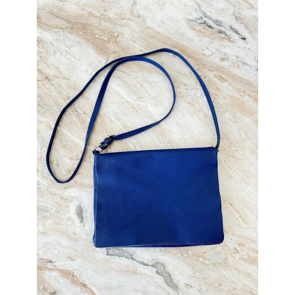 Vera Pelle Italian Genuine Leather Blue Crossbody Bag Made in Italy Small Flap